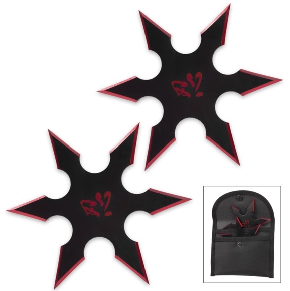 Picture of On Target Twin Six-Pointed Throwing Star Set with Nylon Pouch | Kanji Accents | Metallic Red Edges