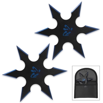Picture of On Target Twin Six-Pointed Throwing Star Set with Nylon Pouch | Kanji Accents | Metallic Blue Edges